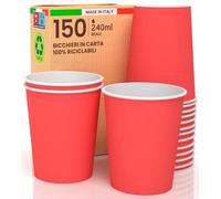 150 Bicchieri in Carta 240ml Ecologici Biodegradabili Monouso Made in Italy Asporto Bevande Calde Acqua Colorati ROSSO - Prodotto e Confezionato in Italia