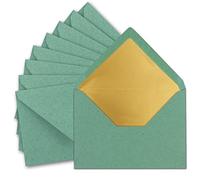 150 buste DIN C5 15,6 x 22 cm, in carta kraft in verde eucalipto con fodera in seta dorata, adesivo umettabile, lembo a punta, buste vuote in carta riciclata, serie UmWelt