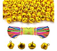 150 campane in metallo, da 14 mm, con occhielli, con corda colorata da 20 m, campane per fai da te, piccole campane natalizie per decorazioni di festival, creazione di gioielli, collari per cani (oro)