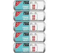 150 sacchetti per la spazzatura con maniglia per il trasporto, 25 litri, 30 pezzi per rotolo, antistrappo e a tenuta di liquidi, prodotto & imballaggio riciclabile