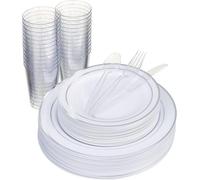 150 Stoviglie Plastica Bianca Argento 25 Persone piatti bicchieri riutilizzabili