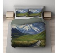 150 x 200 cm Set Copripiumino Singolo Verde Smeraldo Reversibile Biancheria da letto con stampa Pittura Ad Olio Pianura Montagne Con La Neve, Morbido Traspirante Copripiumino + 1 Federa 65 x 65 cm