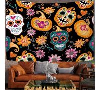 150X100Cm Arazzo Halloween Arazzo Da Parete Zucca Di Halloween Telo Da Parete Fiori Di Teschio Di Zucchero, Nero Arte Muraria Arazzi Per Soggiorno Camera Da Letto Dormitorio Decorazione
