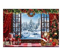 150x100cm Natale Sfondo Neve Paesaggio Fuori dalla Finestra Fotografia Sfondo Tenda Rossa Confezione Regalo Natale Fotografia Sfondo Capodanno Partito Decorazione Banner
