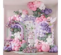 155 pezzi Set di decorazioni per festa di fiabe, include kit per arco di ghirlande di palloncini verde chiaro, rosa, viola, palloncini in lattice rosa, lavanda, viola e bianchi, adatto per tea festa p