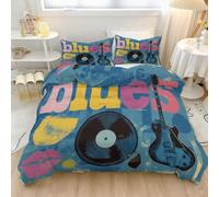 155 x 220 cm Set copripiumino in morbida microfibra spazzolata, con chiusura a cerniera e lacci agli angoli, Musica Chitarra Dischi In Vinile Graffiti, design reversibile, Blu