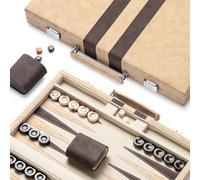 15inch Backgammon Sets for Adults, Classic Board Game with Folding Leather Backgammon Case, Faux Leather Exterior and Velvet Interior, Portable Travel Game Set (Brown)
