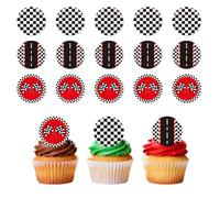 15pz Decorazioni Torta Auto Corsa, Carta di Riso Glutinoso Decorazioni Cupcake a Scacchi Bianchi e Neri Pretagliate Commestibili Decorazione per Feste di Compleanno a Tema Corse