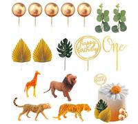 16 decorazioni per torte a tema giungla, giraffa, leone, tigre, leopardo, decorazioni 3D, foglie di tartaruga e denaro, per torta di compleanno dorata