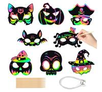 16 pezzi Artigianato Halloween Arcobaleno Maschera Scratch Arcobaleno di Halloween, Magico Scratch Paper Arte per Bambini Compleanno Decorazione in Aula per Favori Regali di Festa Giochi Progetti Kit
