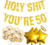 16 Pezzi Decorazioni 50 Anni Compleanno Kit, Striscione Buon Compleanno per 50° Compleanno,Festone 'Holy Shit You're 50', Palloncini di Paillettes, Palloncini Pentagrammati e Nastri