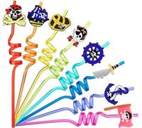 16 pezzi di decorazioni per feste di compleanno per bambini a tema pirati. Cannucce riutilizzabili con anello, perfette come regali per feste di compleanno per bambini.