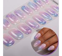 16 pezzi di strisce per unghie in gel semi-indurito con motivo a gradiente viola glitterato e marmorizzato, adesivi per unghie con stelle d'argento in stile fresco e onirico, facili da applicare, adat