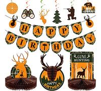16 Pezzi Kit di Decorazioni per Feste di Compleanno di Caccia Banner di Caccia Decorazioni da Tavola a Nido d'Ape da Caccia Turbinii Colorati Carte Appese Albero Verde Oh Deer Bear Cards