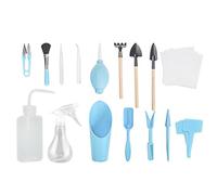 16 Pezzi Mini Set Attrezzi Giardinaggio per Piante Grasse Bonsai | Plastica ABS Robusta, Annaffiatoio Curvo per Radici, Soffiatore per Polvere, Cielo Blu