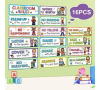 16 pezzi Poster colorati con regole in inglese per l'aula - Cartelli educativi sul comportamento e materiali per l'apprendimento di buone abitudini adatti per insegnanti di scuola materna e asilo, set
