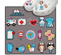 16 pezzi Serie medica, Lavagna medica, Personale medico, Infermiera, Scatola di medicina, Ambulanza, Maschera medica, Sacca di sangue medica Charm in PVC per scarpe, Charm per orologi, Deliziosa serie
