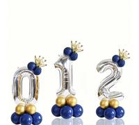 16 pezzi Set di palloncini numerati da 32 pollici - Comprende numeri argentati, piccole corone dorate, palloncini blu navy, adesivi per palloncini, ideale per celebrazioni di anniversario, decorazioni
