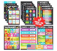 16 poster di apprendimento laminati per bambini, decorazione | Targa in lavagna per bambini da 1 a 3 anni, decorazione per la scuola