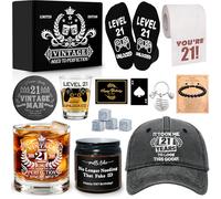 16 regali per il 21° compleanno per lui, regalo di compleanno per ragazzo di 21 anni, con bicchiere da whisky da 325 ml, sottobicchiere in vetro da 48,2 g, calzini per uomini, figlio, nipote, fratello
