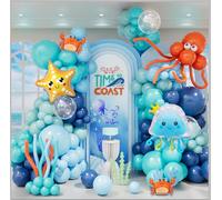 166 pezzi Kit arco di palloncini animali marini blu - Palloncini trasparenti azzurro nebbia blu arancione con palloncini granchio, medusa e stella marina per decorazioni festa di compleanno sotto il