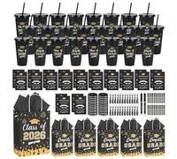 168 pezzi/24 set di bicchieri di plastica con coperchio, cannucce, quaderni, penne, bracciali, portachiavi, congratulazioni, laureati, bomboniere, per studenti universitari, insegnanti, scuola (nero)