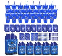 168 pezzi/24 set di bicchieri di plastica con coperchio, cannucce, quaderni, penne, bracciali, portachiavi, congratulazioni, laureati, bomboniere, per studenti universitari, insegnanti, scuola (blu)