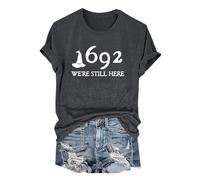 1692 We're Still Here Camicia di Halloween Donne Strega T Shirt Divertente Costumi di Halloween Manica Corta Top Teen Ragazze Festival Vestiti, Grigio scuro, XL
