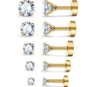 16G Orecchini a perno in acciaio inossidabile piatti, lunghezza del post 6mm, CZ da 3mm a 7mm, 5 paia, cristallo, zirconia cubica - Mono-orecchini a perno per cartilagine unisex Acciaio inossidabile