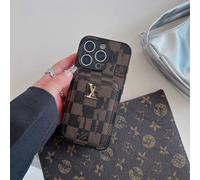 (16Plus, Brown squares) Suitable for iPhone series, this retro card holder case is a luxury and trendy protective cover for your iPhone.