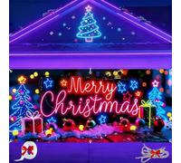 16x7ft UV Reactive Christmas Garage Door Banner, Fluorescent 2d Flat Christmas Door Cover Party Banner, Vintage Cartoon Santa and Elf Backdrop for Xmas Holiday Outdoor Wall Decor