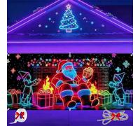 16x7ft UV Reactive Christmas Garage Door Banner, Fluorescent 2d Flat Christmas Door Cover Party Banner, Vintage Cartoon Santa and Elf Backdrop for Xmas Holiday Outdoor Wall Decor