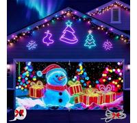 16x7ft UV Reactive Christmas Garage Door Banner, Fluorescent 2d Flat Christmas Door Cover Party Banner, Vintage Cartoon Santa and Elf Backdrop for Xmas Holiday Outdoor Wall Decor
