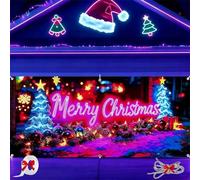 16x7ft UV Reactive Christmas Garage Door Banner, Fluorescent 2d Flat Christmas Door Cover Party Banner, Vintage Cartoon Santa and Elf Backdrop for Xmas Holiday Outdoor Wall Decor