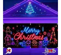 16x7ft UV Reactive Christmas Garage Door Banner, Fluorescent 2d Flat Christmas Door Cover Party Banner, Vintage Cartoon Santa and Elf Backdrop for Xmas Holiday Outdoor Wall Decor