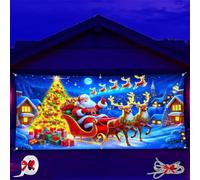 16x7ft UV Reactive Christmas Garage Door Banner, Fluorescent 2d Flat Christmas Door Cover Party Banner, Vintage Cartoon Santa and Elf Backdrop for Xmas Holiday Outdoor Wall Decor
