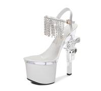 17.5cm Scarpe Col Tacco Donna Tacco Grosso Sexy Comodi Trasparente Fibbia Regolabili Cinturino Alla Caviglia Scarpe Da Ballo Professionali Performance Sul Palco Dancing Pole Dance Scarpe Tacco(Silver,