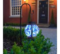 17.5cm Solare LED Lanterna Blu & Bianco Vetro Giardino Esterno Appeso Mosaic