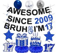17 decorazioni per compleanno per ragazzi - 12 pezzi glitter nero blu Awesome Since 2009 Bruh I'm 17 banner pre infilati vortici da appendere a nido d'ape per diciassette ragazzi anni decorazione