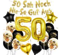 17 palloncini decorativi per 50° compleanno, colore nero, oro, 50° compleanno, per donne e uomini, 50 SAH Noch nie So Gut Aus, palloncini in pellicola, numero 50, accessori per feste per 50°