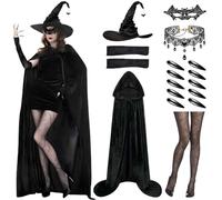 17 pezzi Costume Strega Halloween, Costume da Strega Nera, Costume strega Donna costume, Cappello da Strege per Halloween, Mantello con Cappuccio, Guanti Scopa, Maschera Occhi streghe (XL-160cm)