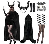 17 pezzi Diavolo Costume da Donna, Costumi da Halloween da Donna, Costume Diavolo donna Mantello con Corna del diavolo, costume da Diavol Gotico con Collana Occhiali Maniche Unghie (XL-160cm)