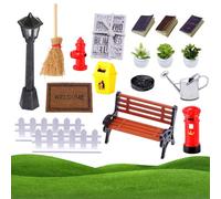 18 accessori da giardino in miniatura, decorazione per mobili in miniatura, mini ornamento con attrezzi da giardino in miniatura, 2 recinzioni, 3 libri/piante in vaso, 1 lanterna da strada, 1 sedia, 1