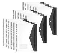 18 buste in plastica A4 perforate, 11 fori, espandibili, per documenti a 2/3/4 anelli, con bottone a pressione ed etichetta, trasparenti, per ufficio, scuola e casa (lato aperto, nero)