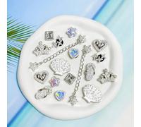 18 pezzi Ciondoli per scarpe in argento freddo iridescente a tema oceano, corona, conchiglia, cuore, stella, quadrato con strass, accessori rimovibili fai-da-te per sandali, ciabatte, borse da spiaggi