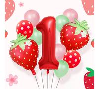 18 pezzi Decorazioni a palloncini per feste di compleanno con numeri a forma di fragola, include numeri rossi da 32 pollici da 0 a 9, palloncini a forma di fragola, palloncini con pois rosa e verdi, a
