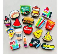 18 Pezzi della serie "Apprendimento Felice", con design ricchi e diversi, inclusi elementi alimentari come sushi, anguria, hot dog, mele (stampate con "#1 Teacher"), tazze di caffè, patatine fritte, p