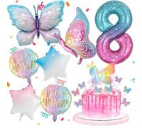 18 Pezzi Palloncini Farfalla 8 Anni, con Farfalle Decorative Torta, Decorazioni per 8° Compleanno per Ragazze, per Tema Feste Compleanno Decorazioni (stile-3)