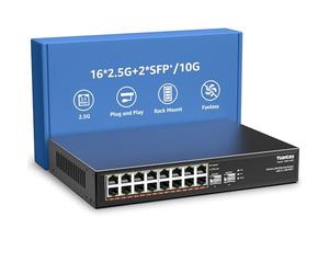 18 Porte 2,5G Switch Ethernet Umanaged, 16 Port 2,5G Base-T, 2 Port 10G SFP, Compatibile 100/1000M, Metallo Senza Ventola, Switch di Rete YuanLey 2,5Gbe da Montaggio a Rack per AP Wireless, NAS, PC