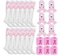 18 pz Regali per il cancro al seno,Calzini da lotta contro il cancro al seno con nastro rosa per,Cancro al seno ottobre rosa pin,Polsini braccialetti,Accessori per la sensibilizzazione al cancro al